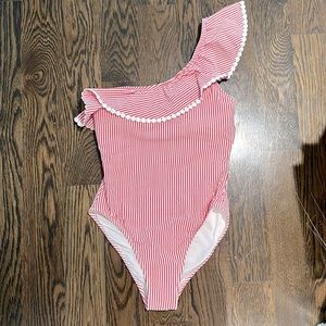 New J.Crew Red White Seersucker One Shoulder Full Piece Swimsuit Size 6